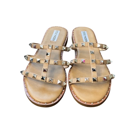 Steve Madden Averill Tan Studded Gladiator Slide Sandals Womens 9 Silver Studs - Picture 2 of 8